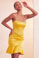 Laden Sie das Bild in den Galerie-Viewer, Trägerloses Bodycon Lake Blue Perlen-Kurzes Homecoming-Kleid mit Rüschen