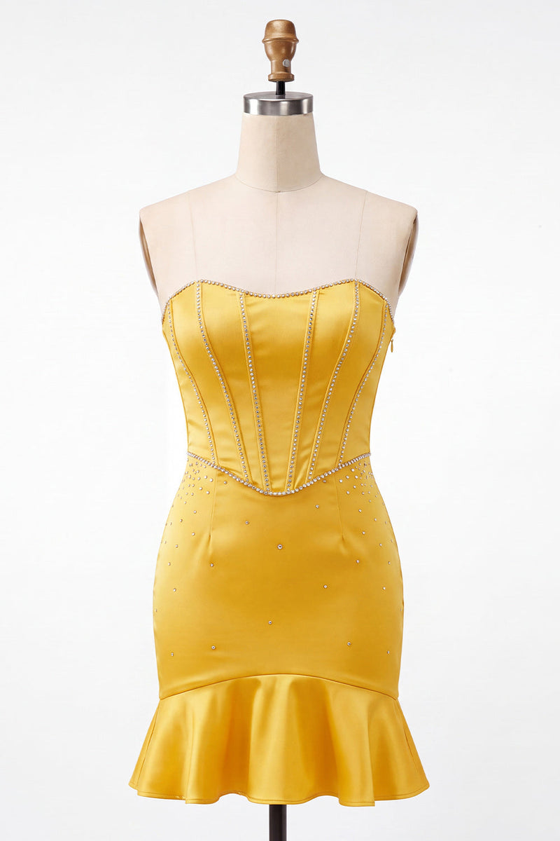 Laden Sie das Bild in den Galerie-Viewer, Trägerloses Bodycon Lake Blue Perlen-Kurzes Homecoming-Kleid mit Rüschen