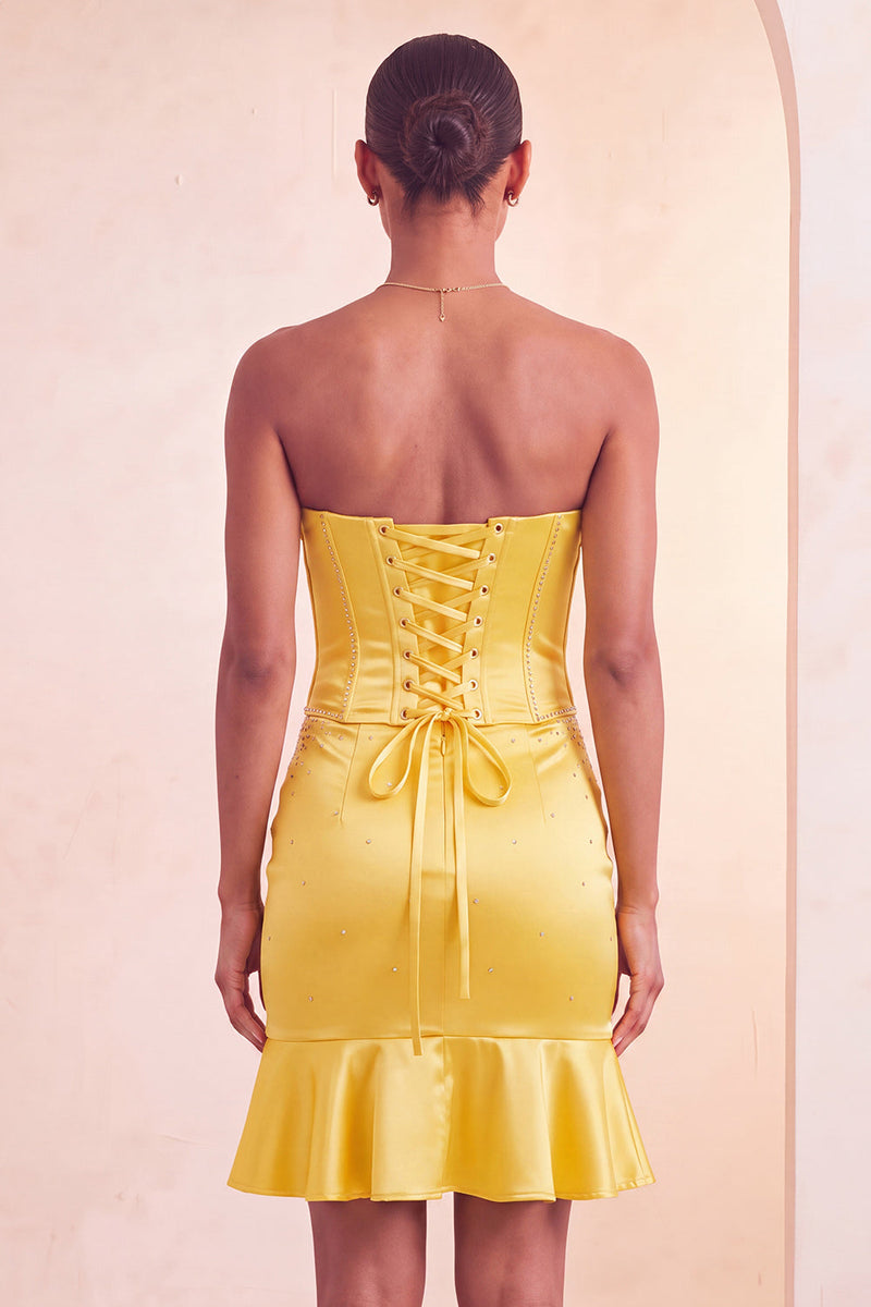 Laden Sie das Bild in den Galerie-Viewer, Trägerloses Bodycon Lake Blue Perlen-Kurzes Homecoming-Kleid mit Rüschen