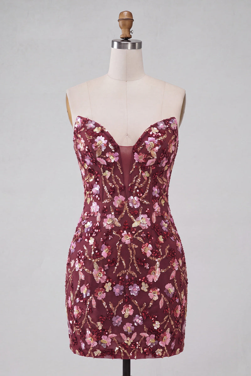 Laden Sie das Bild in den Galerie-Viewer, Rosa Sweetheart Bodycon Pailletten-Homecoming-Kleid mit Schnürung hinten