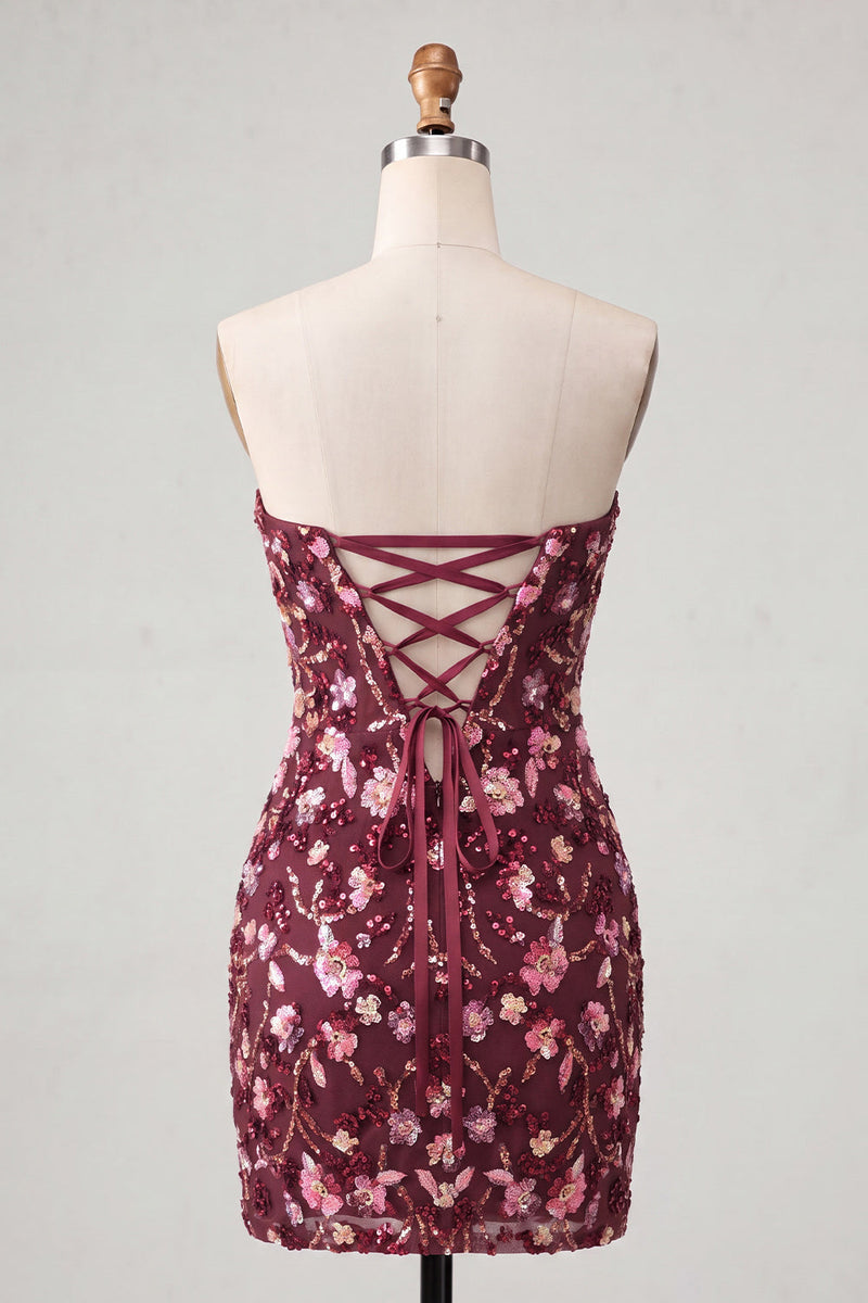 Laden Sie das Bild in den Galerie-Viewer, Rosa Sweetheart Bodycon Pailletten-Homecoming-Kleid mit Schnürung hinten