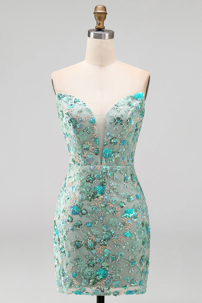 Laden Sie das Bild in den Galerie-Viewer, Rosa Sweetheart Bodycon Pailletten Kurzes Abendkleid mit Schnürung hinten