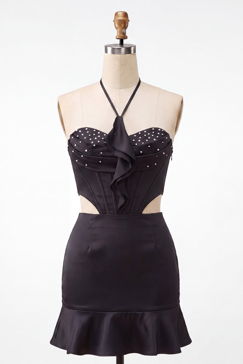 Laden Sie das Bild in den Galerie-Viewer, Schwarzes Neckholder-Cut-Out-Mini-Homecoming-Kleid mit Rüschen