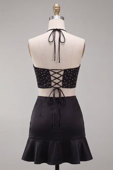 Schwarzes Neckholder Cut-Out Mini Kurzes Abendkleid mit Rüschen
