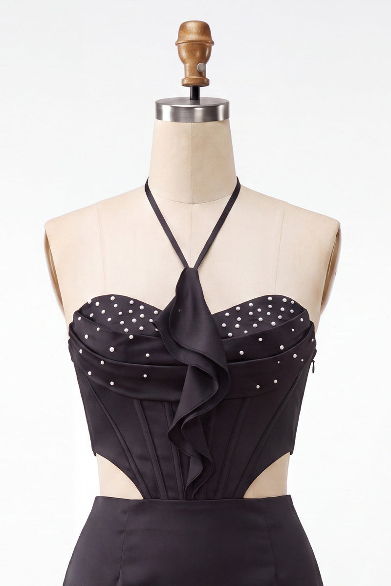 Laden Sie das Bild in den Galerie-Viewer, Schwarzes Neckholder-Cut-Out-Mini-Homecoming-Kleid mit Rüschen