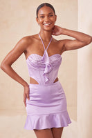 Laden Sie das Bild in den Galerie-Viewer, Schwarzes Neckholder-Cut-Out-Mini-Homecoming-Kleid mit Rüschen