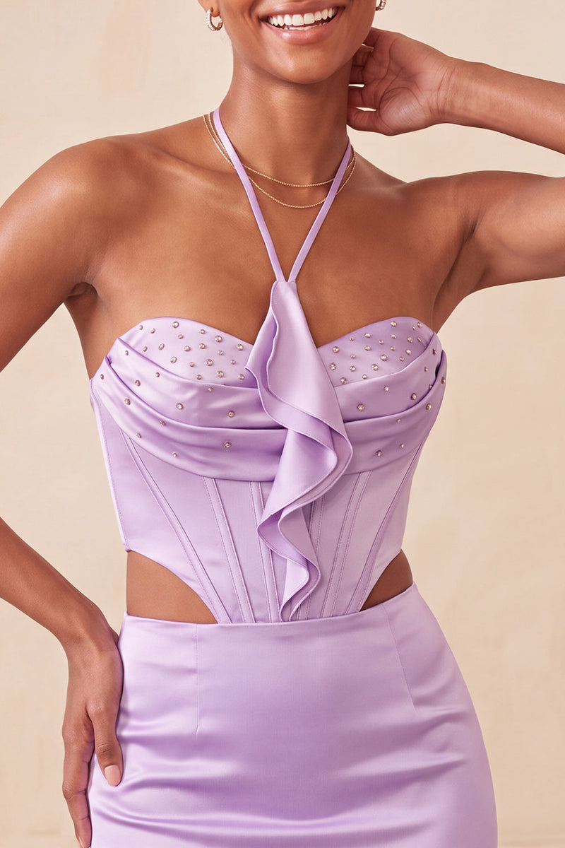 Laden Sie das Bild in den Galerie-Viewer, Schwarzes Neckholder-Cut-Out-Mini-Homecoming-Kleid mit Rüschen