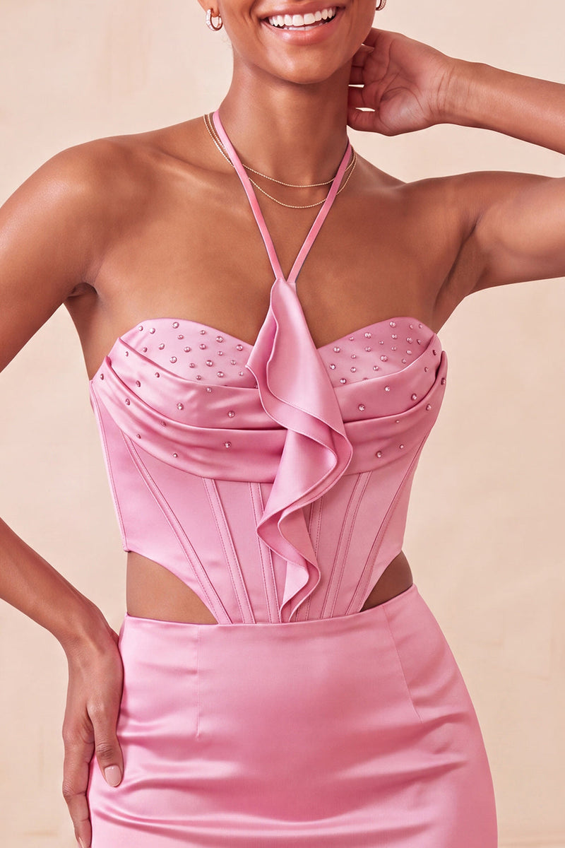 Laden Sie das Bild in den Galerie-Viewer, Schwarzes Neckholder-Cut-Out-Mini-Homecoming-Kleid mit Rüschen
