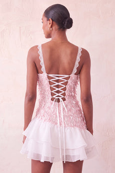 Rosa Bodycon Rüschen Pailletten Kurzes Abendkleid mit Schnürung