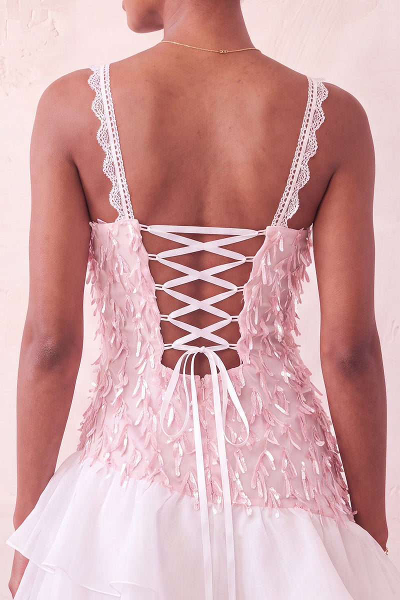 Laden Sie das Bild in den Galerie-Viewer, Rosa Bodycon mit Rüschen kurzes Pailletten-Homecoming-Kleid mit Schnürung auf dem Rücken
