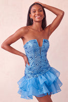 Laden Sie das Bild in den Galerie-Viewer, Blaue trägerlose Pailletten Bodycon Kurzes Homecoming-Kleid mit Rüschen