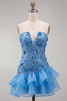 Laden Sie das Bild in den Galerie-Viewer, Blaue trägerlose Pailletten Bodycon Kurzes Homecoming-Kleid mit Rüschen