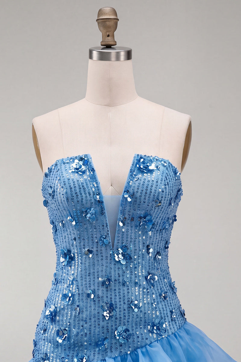 Laden Sie das Bild in den Galerie-Viewer, Blaue trägerlose Pailletten Bodycon Kurzes Homecoming-Kleid mit Rüschen