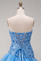 Laden Sie das Bild in den Galerie-Viewer, Blaue trägerlose Pailletten Bodycon Kurzes Homecoming-Kleid mit Rüschen