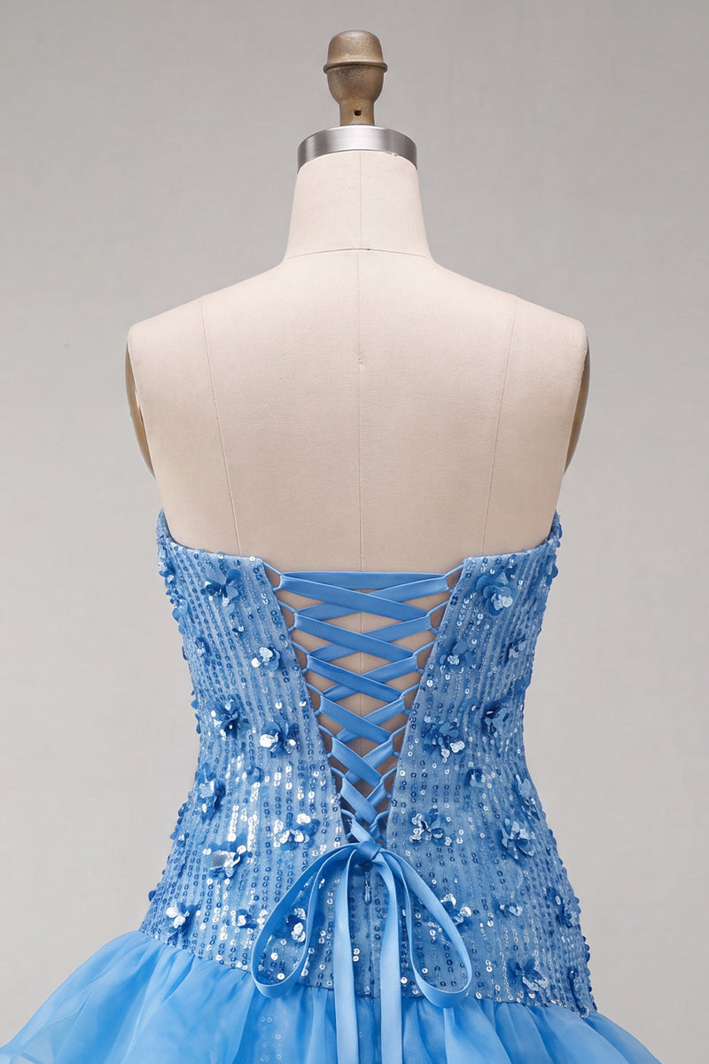 Laden Sie das Bild in den Galerie-Viewer, Blaue trägerlose Pailletten Bodycon Kurzes Homecoming-Kleid mit Rüschen