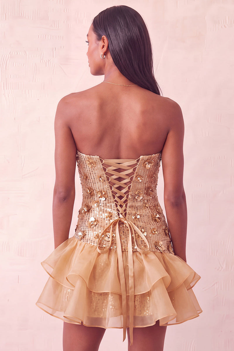 Laden Sie das Bild in den Galerie-Viewer, Blaue trägerlose Pailletten Bodycon Kurzes Homecoming-Kleid mit Rüschen