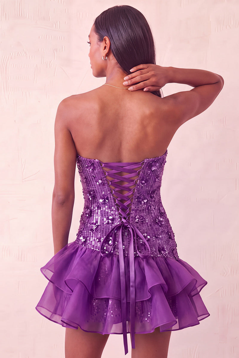 Laden Sie das Bild in den Galerie-Viewer, Blaue trägerlose Pailletten Bodycon Kurzes Homecoming-Kleid mit Rüschen