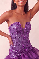 Laden Sie das Bild in den Galerie-Viewer, Blaue trägerlose Pailletten Bodycon Kurzes Homecoming-Kleid mit Rüschen