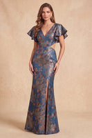 Laden Sie das Bild in den Galerie-Viewer, Marineblaues V-Ausschnitt Meerjungfrauen-Jacquard-Floral-Schnitt langes Festkleid mit Schlitz
