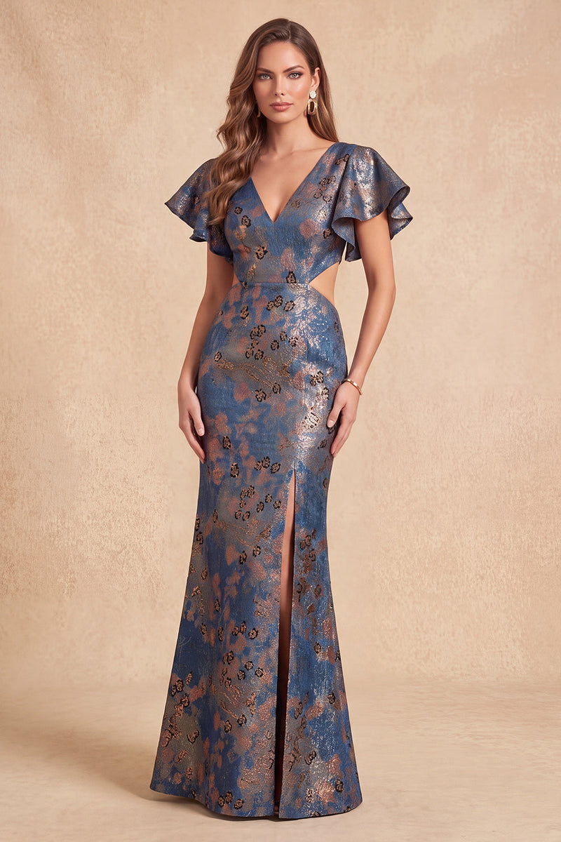 Laden Sie das Bild in den Galerie-Viewer, Marineblaues V-Ausschnitt Meerjungfrauen-Jacquard-Floral-Schnitt langes Festkleid mit Schlitz