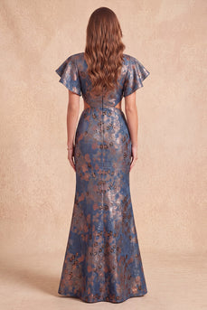 Marineblaues V-Ausschnitt Meerjungfrauen Jacquard Floral Langes Festkleid mit Schlitz