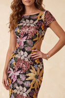 Laden Sie das Bild in den Galerie-Viewer, Schwarzes Meerjungfrauen-Bateau-Hals, ein langes festliches Kleid mit Pailletten und Blumenausschnitt