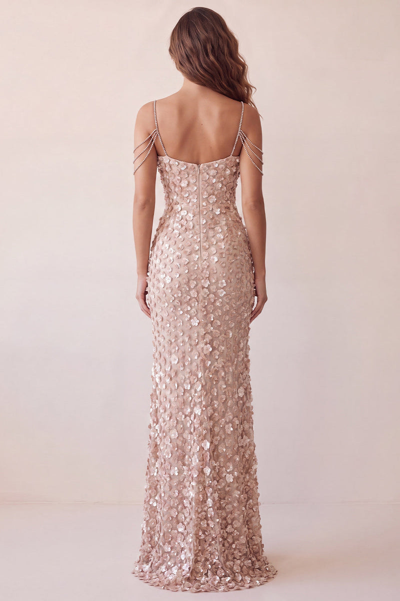 Laden Sie das Bild in den Galerie-Viewer, Champagner-Kaltschulter-Blumenmeerjungfrauen-Langes Festkleid mit Schlitz