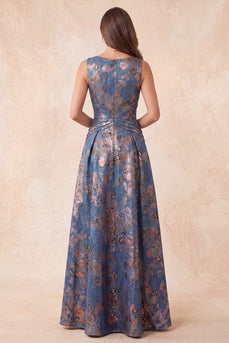 A-Linie Marineblaues Jacquard Blumen Rundhals Langes Festkleid