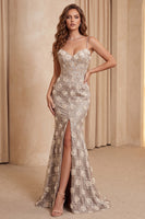 Laden Sie das Bild in den Galerie-Viewer, Champagner-Meerjungfrau-Pailletten Blumen-Spaghettiträger langes Festkleid mit Schlitz