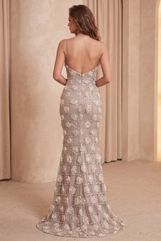 Champagner Meerjungfrau Pailletten Blumen Spaghettiträger Langes Festkleid mit Schlitz