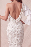 Laden Sie das Bild in den Galerie-Viewer, Ein Schulter hellgraues, geblümtes Meerjungfrauen-Pailletten-Langes Festkleid mit Schlitz