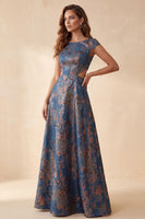 Laden Sie das Bild in den Galerie-Viewer, Marineblaues Blumen-A-Linien-Jacquard-Cut-out-Bateau-Ausschnitt langes Festkleid mit Mützenärmeln
