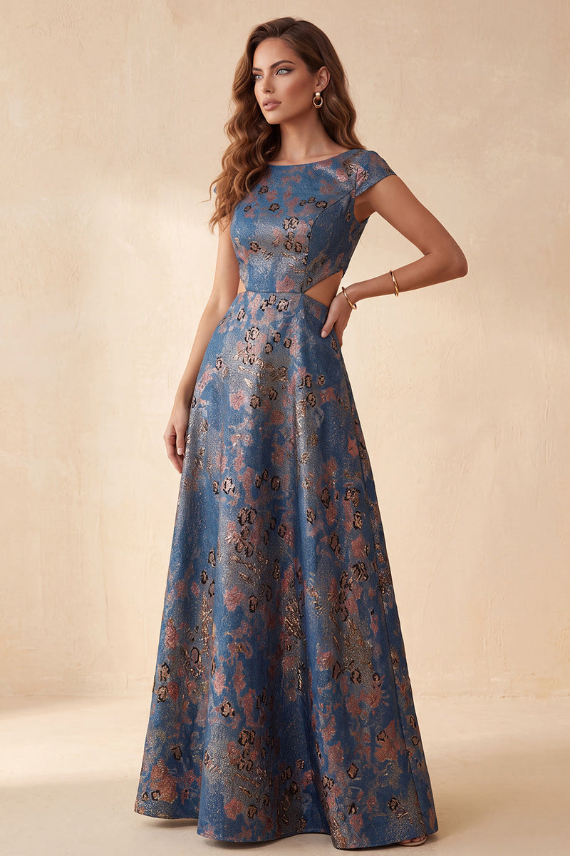 Laden Sie das Bild in den Galerie-Viewer, Marineblaues Blumen-A-Linien-Jacquard-Cut-out-Bateau-Ausschnitt langes Festkleid mit Mützenärmeln