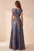 Laden Sie das Bild in den Galerie-Viewer, Marineblaues Blumen-A-Linien-Jacquard-Cut-out-Bateau-Ausschnitt langes Festkleid mit Mützenärmeln