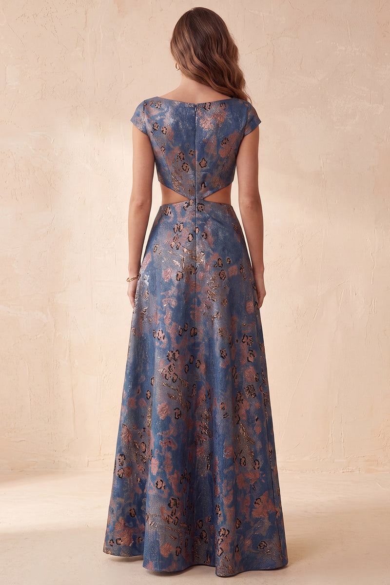 Laden Sie das Bild in den Galerie-Viewer, Marineblaues Blumen-A-Linien-Jacquard-Cut-out-Bateau-Ausschnitt langes Festkleid mit Mützenärmeln