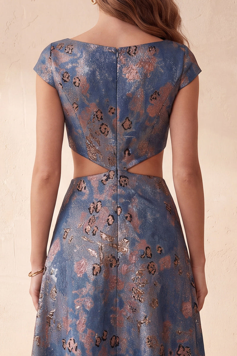 Laden Sie das Bild in den Galerie-Viewer, Marineblaues Blumen-A-Linien-Jacquard-Cut-out-Bateau-Ausschnitt langes Festkleid mit Mützenärmeln