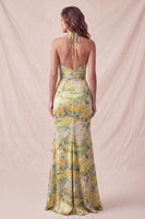 Laden Sie das Bild in den Galerie-Viewer, Gelber Neckholderhals Blumenmeerjungfrauen, rüschiertes langes Festkleid mit Schlitz