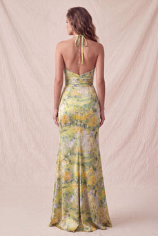 Gelbes Neckholderhals Blumen Meerjungfrauen Rüschiertes Langes Festkleid mit Schlitz
