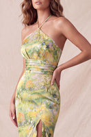Laden Sie das Bild in den Galerie-Viewer, Gelber Neckholderhals Blumenmeerjungfrauen, rüschiertes langes Festkleid mit Schlitz