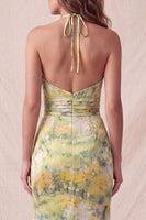 Laden Sie das Bild in den Galerie-Viewer, Gelber Neckholderhals Blumenmeerjungfrauen, rüschiertes langes Festkleid mit Schlitz