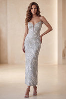 Laden Sie das Bild in den Galerie-Viewer, Hellgraues Bodycon florales Midi-Festkleid mit kalter Schulter