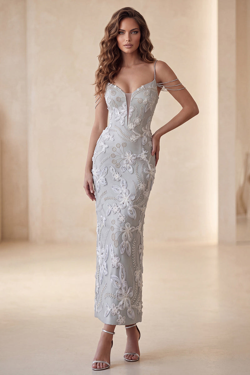 Laden Sie das Bild in den Galerie-Viewer, Hellgraues Bodycon florales Midi-Festkleid mit kalter Schulter