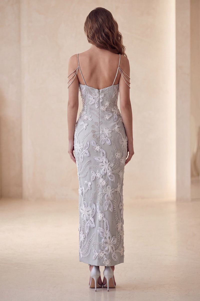 Laden Sie das Bild in den Galerie-Viewer, Hellgraues Bodycon florales Midi-Festkleid mit kalter Schulter