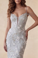 Laden Sie das Bild in den Galerie-Viewer, Hellgraues Bodycon florales Midi-Festkleid mit kalter Schulter