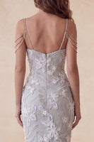 Laden Sie das Bild in den Galerie-Viewer, Hellgraues Bodycon florales Midi-Festkleid mit kalter Schulter