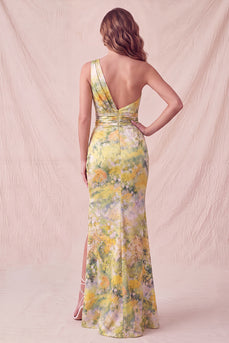 Gelbes Einschulteriges Florales Meerjungfrauen Gerafftes Langes Festkleid mit Schlitz