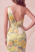 Laden Sie das Bild in den Galerie-Viewer, Gelbes, einschulteriges, florales Meerjungfrauen, gerafftes langes Festkleid mit Schlitz