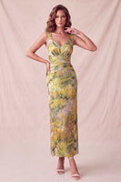 Laden Sie das Bild in den Galerie-Viewer, Gelber geblümter Bodycon Dicke Träger geraffte Midi-Formelkleid