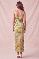 Laden Sie das Bild in den Galerie-Viewer, Gelber geblümter Bodycon Dicke Träger geraffte Midi-Formelkleid