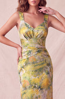 Laden Sie das Bild in den Galerie-Viewer, Gelber geblümter Bodycon Dicke Träger geraffte Midi-Formelkleid
